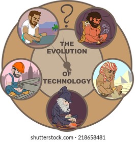 Five colorful cartoon characters illustrating science and technology evolution of the mankind. EPS8 vector set.