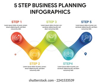 Five colorful circle in zig zag shape diagram infographics. 5 Step business planning infographic concept.