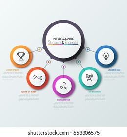 Five colorful circles connected with central round element. 5 features or options of business process concept. Realistic infographic design template. Vector illustration for presentation, report.