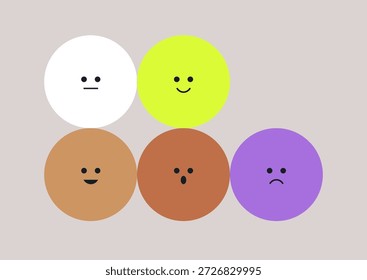 Cinco círculos coloridos expressam diferentes emoções, mostrando felicidade, tristeza, neutralidade, surpresa e confusão, Cada círculo preenche um espaço com tons vibrantes e divertidos transmitindo sentimentos visualmente.