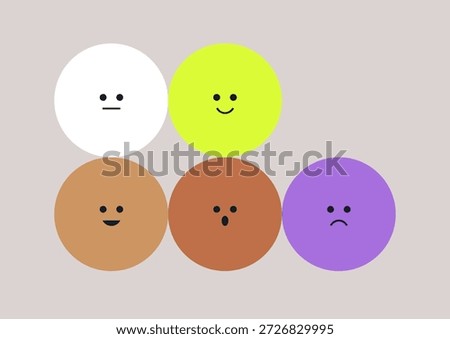 Five colorful circles express different emotions, showcasing happiness, sadness, neutrality, surprise, and confusion, Each circle fills a space with vibrant, playful tones conveying feelings visually.