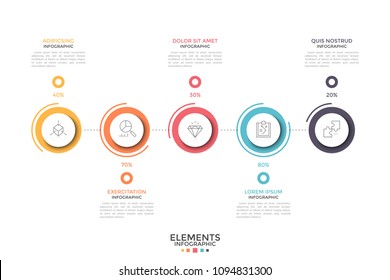 Five colorful circles with thin line pictograms inside and percentage indication placed in horizontal row. Concept of statistical data visualization. Infographic design template. Vector illustration.