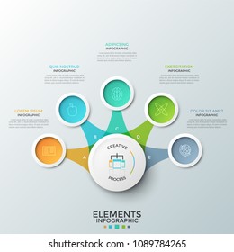 Five colorful circular elements with linear pictograms inside placed around main circle and connected to it. Concept of 5 options to choose. Creative infographic design layout. Vector illustration.