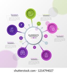 Five colorful circular elements with linear pictograms inside connected to main circle. Concept of strategic mind map with 5 options. Futuristic infographic design template. Vector illustration.