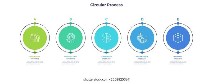 Five colorful circular elements with linear frames placed in horizontal row. Concept of 5 successive steps of business strategy. Simple infographic design template. Flat vector illustration.