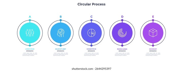 Five colorful circular elements with linear frames placed in horizontal row. Concept of 5 successive steps of business strategy. Simple infographic design template. Flat vector illustration.