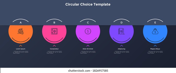 Five colorful circular elements placed in horizontal row. Concept of 5 financial options to choose. Simple infographic design template. Modern vector illustration for business presentation, report.