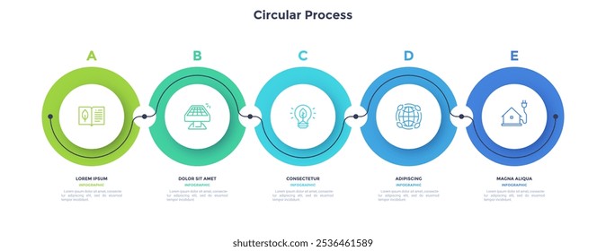 Five colorful circular elements placed in horizontal row and connected by arrows. Concept of 5 successive steps of business strategy. Simple