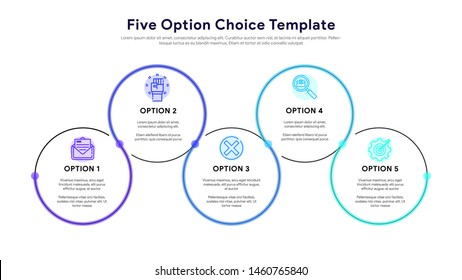 Five colorful circular elements, thin line pictograms and text boxes. Concept of arrow business model with 5 options and choices. Modern infographic design template. Vector illustration.