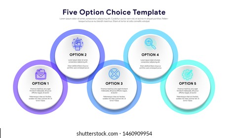 Five colorful circular elements, thin line pictograms and text boxes. Concept of arrow business model with 5 options and choices. Modern infographic design template. Vector illustration.