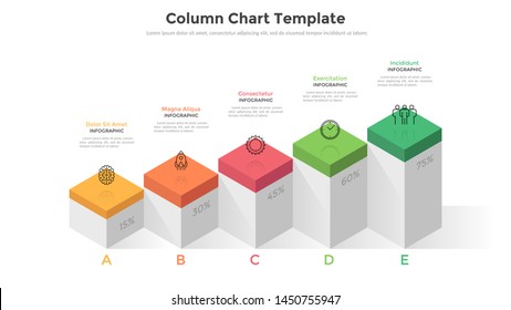 Five colorful columns with percentage indication. Concept of 5 stages or levels of business development. Modern infographic design template. Volumetric vector illustration for presentation, report.