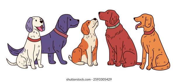 Five colorful dogs sitting together playful scene various breeds vibrant colors simple background