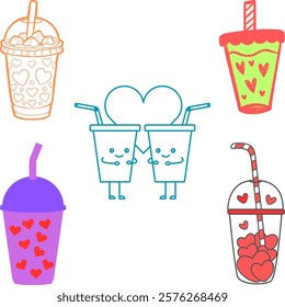 Five colorful drawings of tall drinking cups for cold drink as refreshment with a heart. 