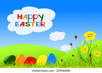 five colorful eggs in green grass, blue sky and white clouds, simple vector illustration