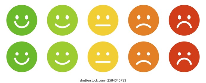 Five colorful emoji faces representing a satisfaction rating scale from happy to sad, used for feedback and surveys.