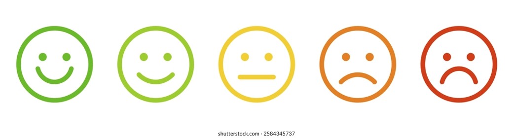 Five colorful emoji faces representing a satisfaction rating scale from happy to sad, used for feedback and surveys.