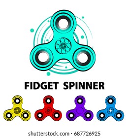 Five colorful fidget spinners and text info Fidget Spinner. Fidget spinner hand drawn fashion vector illustration.