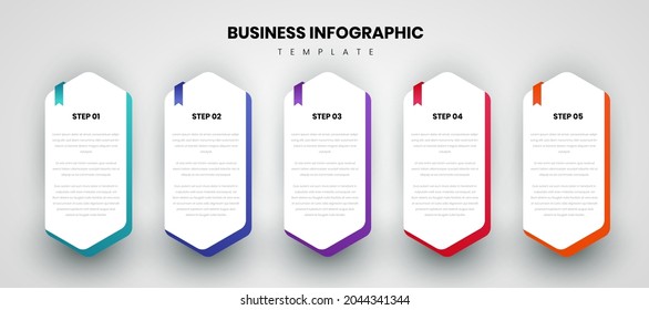 five colorful geometric elements and text box. Business model concept with 5 successive steps or plans. Modern infographic design template. Vector illustration.