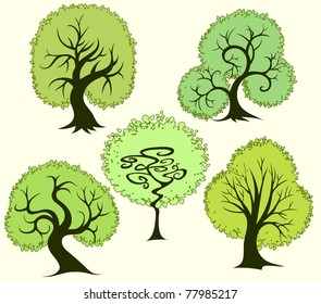 Five colorful green trees