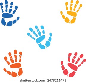 Five colorful handprint illustrations, arrayed against white background, handprint stylized representation, single color blue, light blue, yellow, orange, red. Simple graphic style handprints