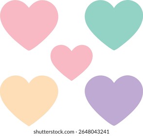 Five colorful hearts are isolated on white background, creating a cheerful and romantic mood