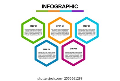 Five colorful hexagons present a five step infographic process.