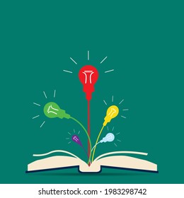 five colorful  light bulb growing from a book illustration for web design. Simple ideas and knowledge symbol for logo, web, app
