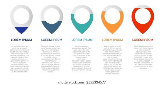 Five colorful location pin markers with sample text below, useful for infographics or website design, showing different percentages or progress levels