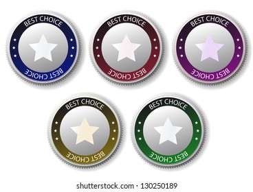 five colorful medals with star; stylish best choice label sign