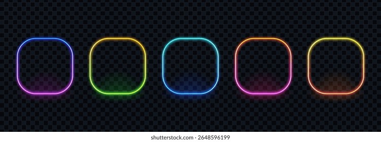 Cinco quadros retangulares coloridos de neon com cantos arredondados, brilhantes bordas de luz vibrantes para um conceito de design moderno.