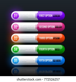 Five colorful options in clean hi-tech style on black glossy background