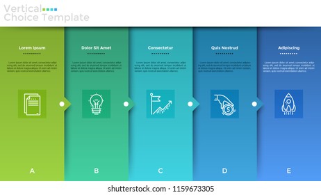 Five colorful overlaying rectangular elements with linear symbols and description inside arranged into horizontal row and connected by arrows. Infographic design template. Modern vector illustration.