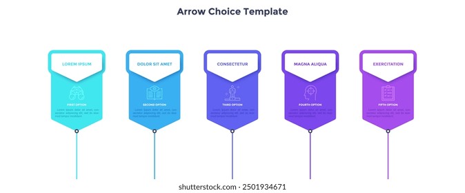 Five colorful pointers placed in horizontal row. Concept of 5 strategic features of successful startup project. Simple infographic design template. Modern flat vector illustration for presentation.