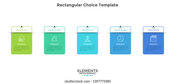 Five colorful rectangular cards with place for text. Concept of 5 business options or features to choose. Flat infographic design template. Modern vector illustration for presentation, website menu.