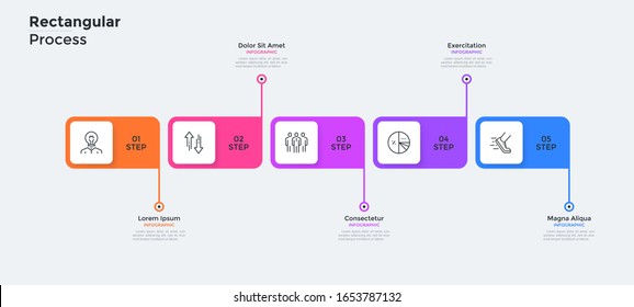 Five colorful rectangular elements or cards placed in horizontal row. Concept of 5 steps of business strategy or plan. Simple infographic design template. Modern vector illustration for presentation.