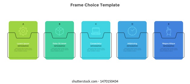 Five colorful rectangular elements placed in horizontal row. Concept of 5 business development options or features. Flat infographic design template. Vector illustration for presentation, report.