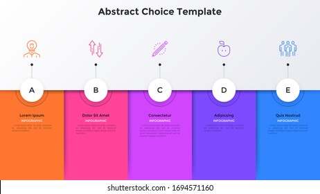 Five colorful rectangular elements placed in horizontal row. Concept of 5 options of business project to choose. Minimal infographic design template. Flat vector illustration for presentation, report.