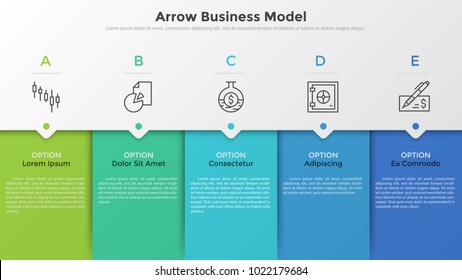 Five colorful rectangular elements, thin line pictograms, pointers and text boxes. Concept of arrow business model with 5 successive steps. Modern infographic design template. Vector illustration.
