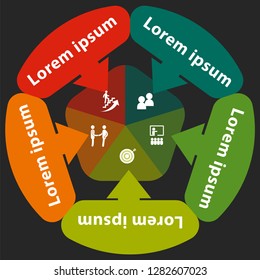 Five colorful rectangular elements, thin line pictograms, pointers and text boxes. Concept of arrow business model with 5 successive steps.