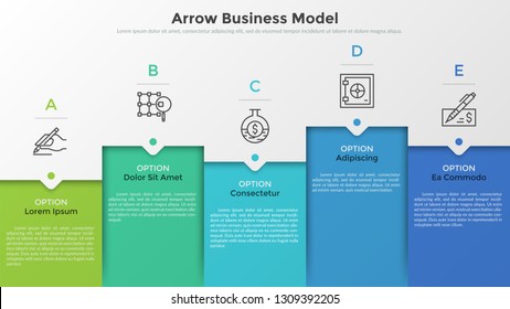 Five colorful rectangular elements, thin line pictograms, pointers and text boxes. Concept of arrow business model with 5 successive steps. Modern infographic design template. Vector illustration.