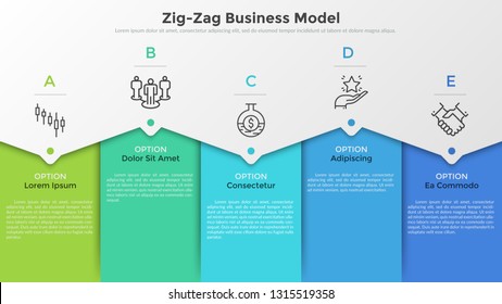 Five colorful rectangular elements, thin line pictograms, pointers and text boxes. Concept of zig-zag business model with 5 successive steps. Modern infographic design template. Vector illustration.