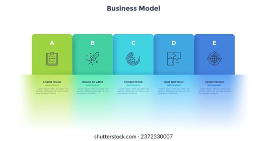 Five colorful rectangular elements, thin line pictograms, pointers and text boxes. Concept of glass business model with 5 successive steps. Modern infographic design template. Vector illustration.