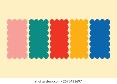 Five colorful rectangular shapes with scalloped edges are arranged horizontally on a light yellow background, creating a playful, minimalist design.