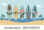 Five colorful retro surfboards standing on a sunny sandy beach near the ocean with palm trees in the background.