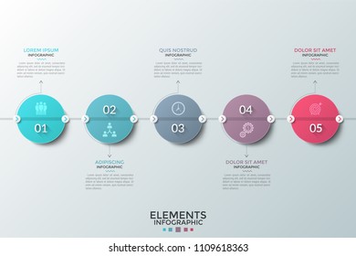 Five colorful round elements with numbers and flat icons inside placed into horizontal line and successively connected. Concept of 5 development steps. Infographic design layout. Vector illustration.