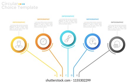 Five colorful round elements with thin line symbols inside and place for text. Concept of 5 strategic options to choose. Modern infographic design template. Vector illustration for presentation.