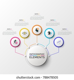 Five colorful round elements with thin line icons connected to main circle. Concept of 5 features or advantages of company's services. Creative infographic design template. Modern vector illustration.