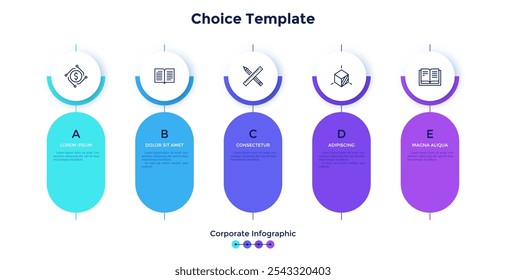 Cinco elementos coloridos arredondados colocados na linha horizontal. Conceito de 5 etapas do progresso da criação. Modelo de design de infográfico corporativo. Ilustração vetorial plana moderna para apresentação de negócios.