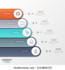 Five colorful rounded ribbons with circular paper white elements and linear symbols placed one below other. Concept of 5 levels of business progress. Infographic design template. Vector illustration.