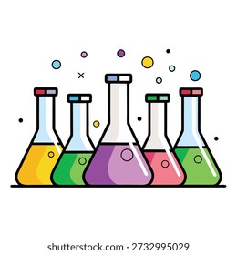 Five colorful science flasks containing solutions of yellow, green, purple, and pink, surrounded by circles, dots and cross, illustrating a cartoon style laboratory environment.